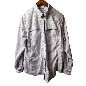 LL Bean Tropicwear Womens Purple Plaid Ventilated Hiking Shirt Long Sleeve Large